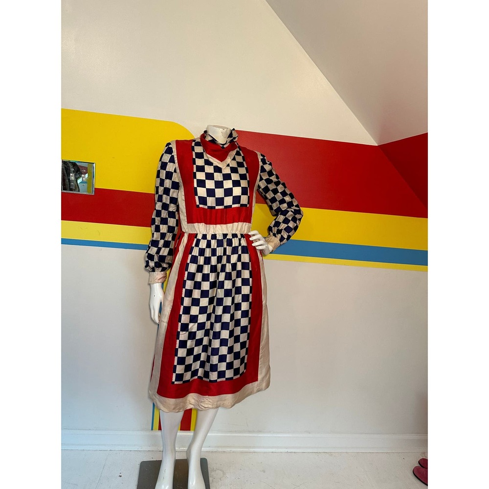 1970s vintage silk Rizkallah for Malcolm Starr checker day dress sz m - Picture 2 of 10